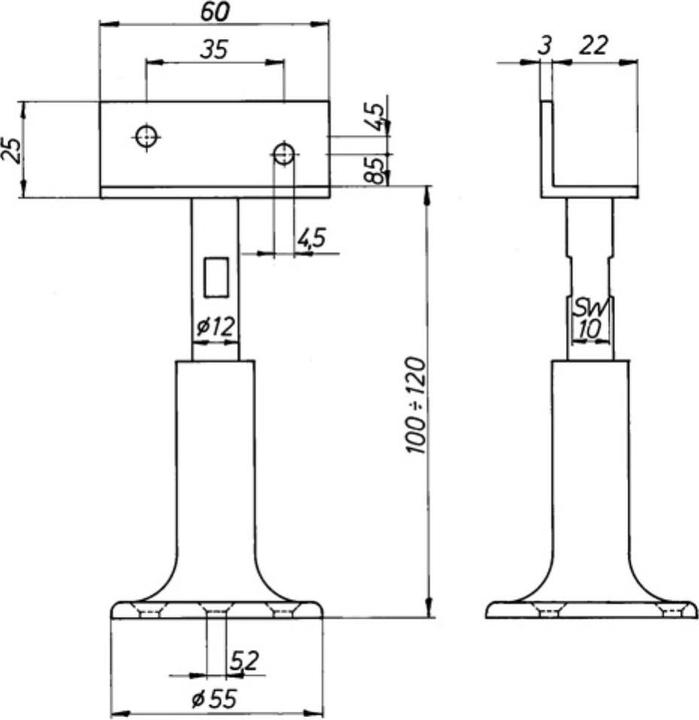 Produktbild Deni Trennwandstütze Breite 60 mm Höhe 100 - 120 mm Aluminium F1 / naturfarbig höhenverstellbar (1 Stk.)
