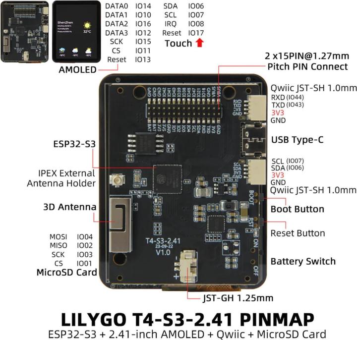 Actual product image Lilygo T4-S3 ESP32-S3 with 3.5 inch touch display