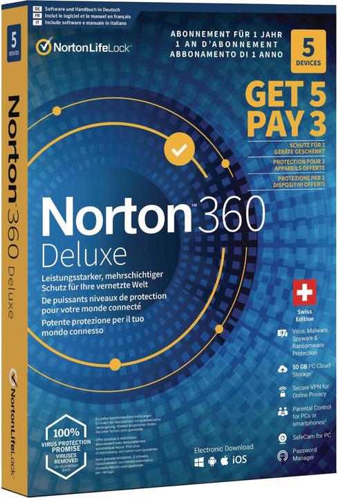 Produktbild Norton 360 Deluxe - Promotion Box, 5 Device, 1 Jahr (5 User, 12 Monate)