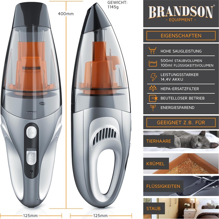 Produktbild Brandson Akku Handstaubsauger 85 W, beutellos, Akku Handstaubsauger mit HEPA-Filter Beutellos