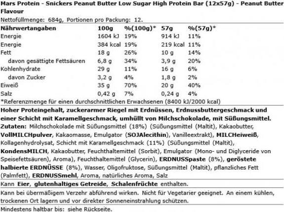 Nährwerte und Zutaten Hubba Bubba Snickers Peanut Butter Low Sugar High Protein Bar (Peanut Butter, 684 g)