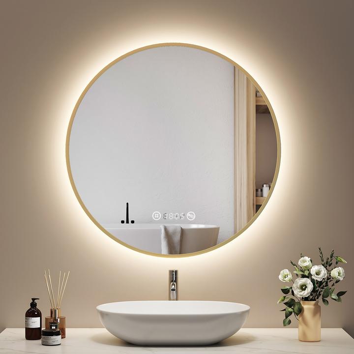 Actual product image Emke Bathroom Mirror With Lighting Φ70cm, Fog-Free, Temperature&Time, Cool-White(6500K), Dimmable. Gold