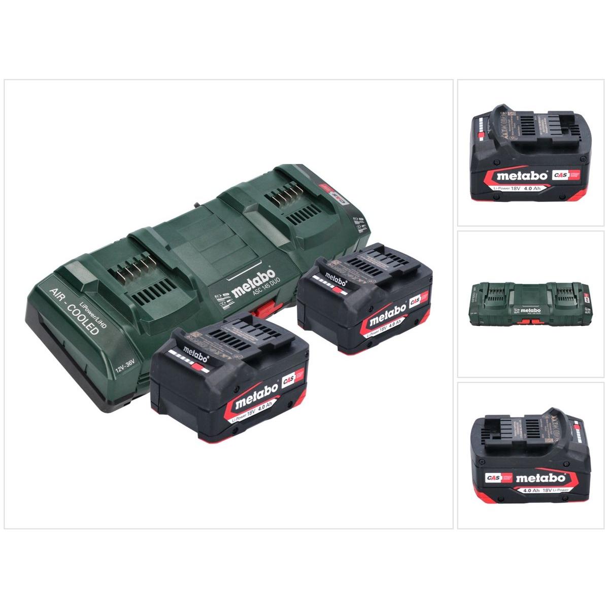 Metabo, Werkzeugakku + Ladegerät, Basis Set 2x Li-Power Akkupack 18 V 4,0 Ah CAS Li-Ion Akku ( 2x 625027000 ) + ASC 145 ...