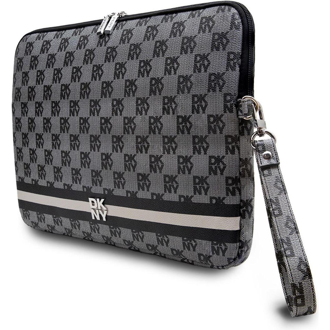 Thumbnail - DKNY PU Leather Checkered Pattern and Stripe Laptop Sleeve 13/14" Black (14"), Notebooktasche, Schwarz