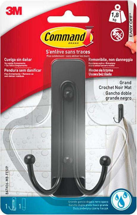 3M Command double hook, large, matte black, 1 unit + 2 strips, max 1.8 kg