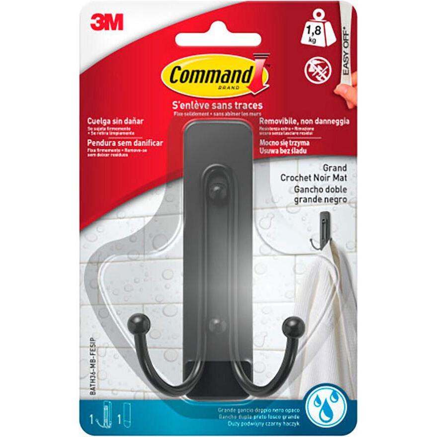 3M, Chiodo adesivo + Gancio adesivo, Command double hook, large, matte black, 1 unit + 2 strips, max 1.8 kg