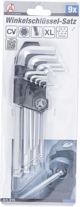 Image du produit BGS Jeu de clés allen six pans intérieurs/femelle à tête sphérique 1,5 - 10 mm 9 pièces (Clé Allen)