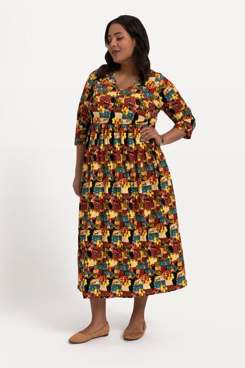 Actual product image Ulla Popken Unique Fall Tone Print Empire Knit A-line Pocket Dress (46, 48)