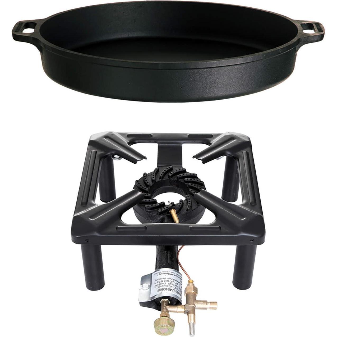 Paella World Hockerkocher-Set (gross) mit Gusseisenpfanne Ø 40 cm - mit Zündsicherung, Pfanne + Kochtopf, Schwarz