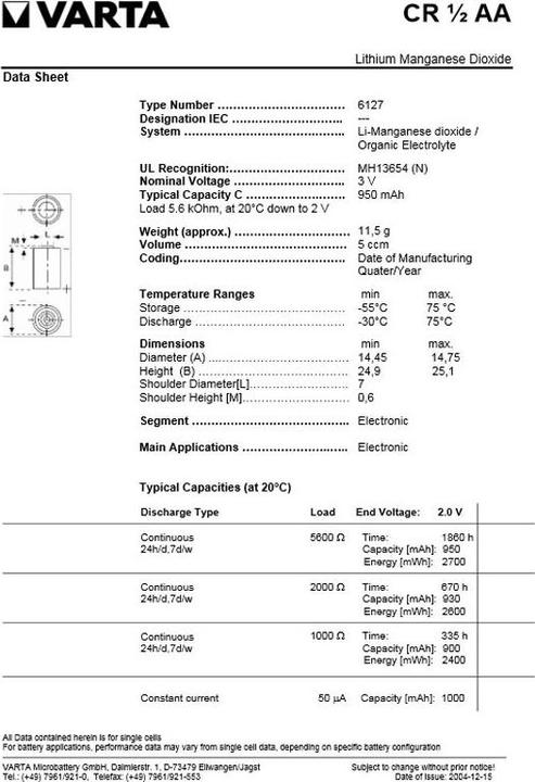 Image du produit Varta Batterie CR1/2AA, 6127 mit axialem Lötdraht (1 pcs, 1/2 AA, 950 mAh)