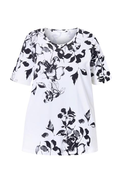 Immagine prodotto Ulla Popken T-shirt dal taglio svasato in cotone Pima con fiori, scollo a girocollo e mezze maniche (42, 44)