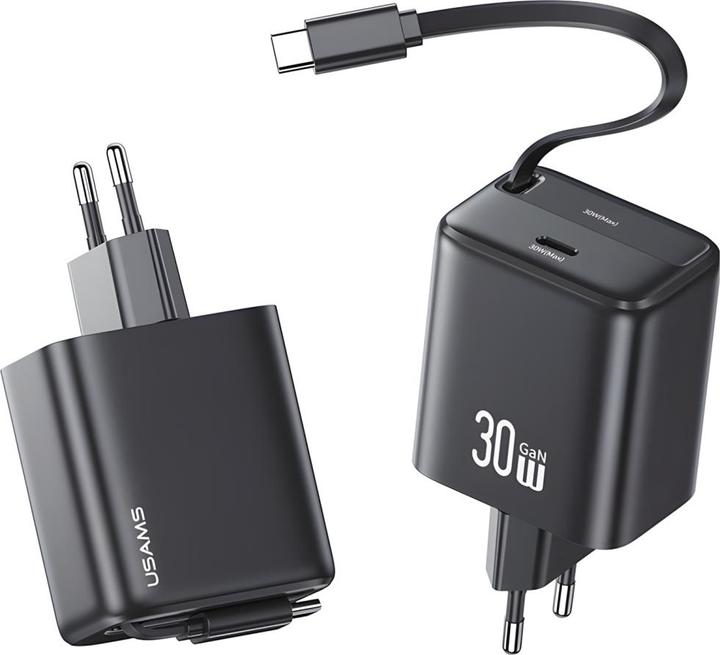 Image du produit Usams Ład. siec. 1xUSB-C ze zwijanym kablem USB-C Retractable PD+QC 30W Gan Fast Charging czarny/bla (30 W)