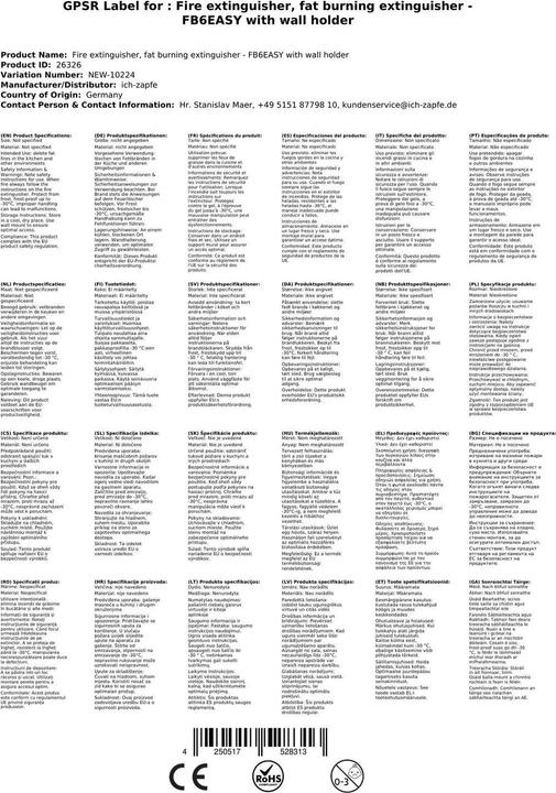 Actual product image Ich-zapfe Grease fire extinguisher - FB6EASY with wall bracket (A, B, F)