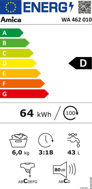 Energie-Label Amica Waschmaschine WA 462 010 Fassungsvermögen 6 kg 1200 U/min (6 kg, Links)