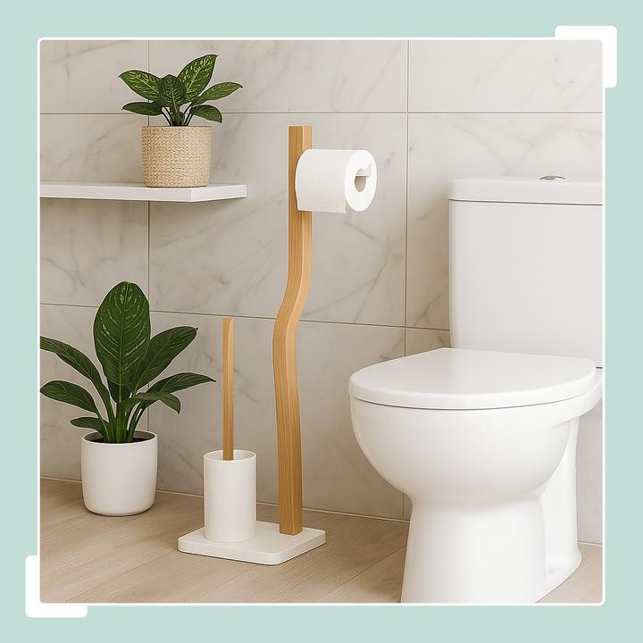 Produktbild Relaxdays - WC Garnitur Holz & Metall, Weiss/Hellbraun, 78,5 x 23 x 18 cm