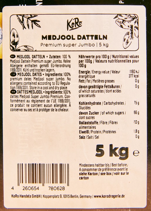 Valeurs nutritives et ingrédients KoRo Dattes Medjool Premium (5000 g)