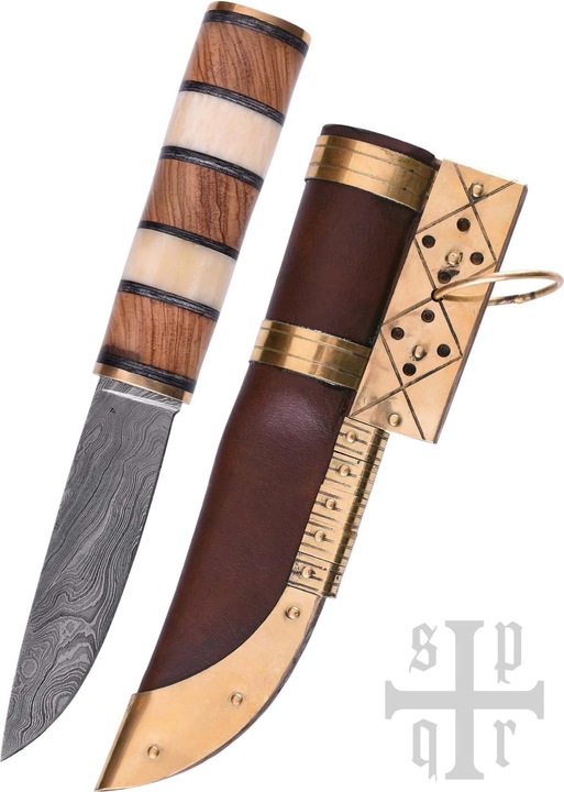 Produktbild SPQR Damast Wikinger Messer mit Griff aus Holz und Knochen