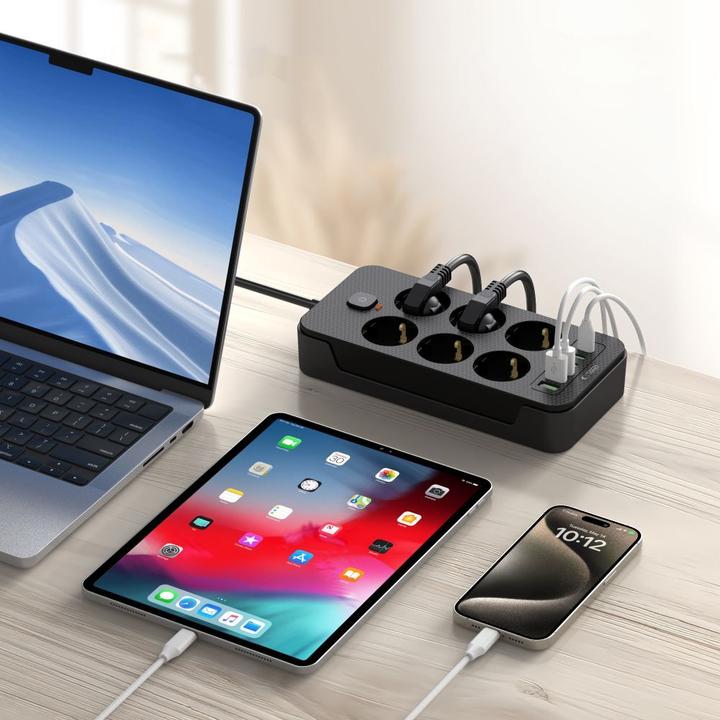 Actual product image Tech-Protect PC6X6 Power Strip 6 Sockets 240V + 3xUSB-A + 3xUSB-C 200cm - Black (3 x, USB-A, USB-C, 2 m)