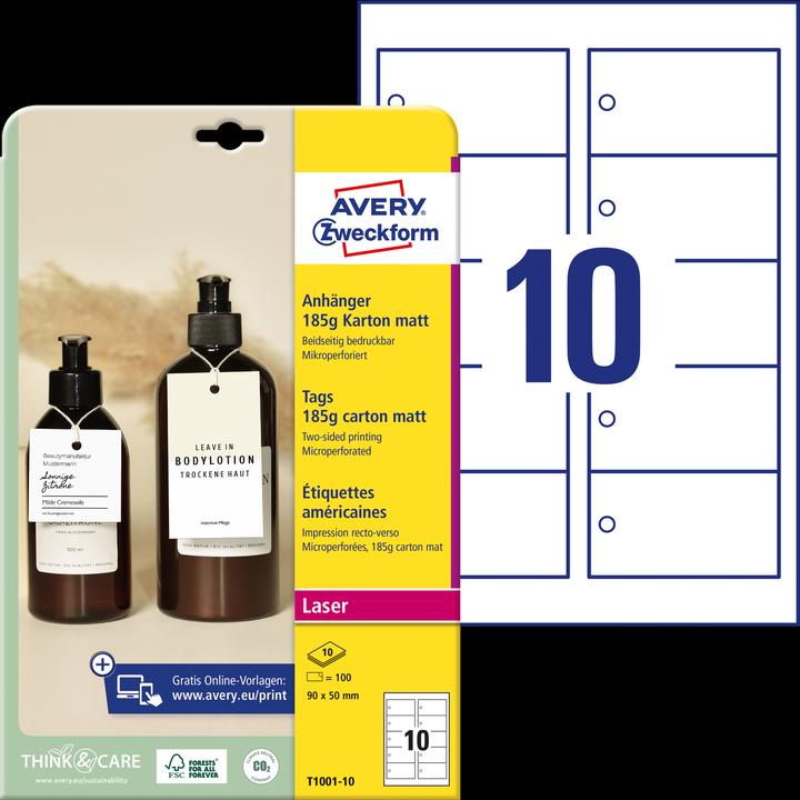 Produktbild Avery Kartonanhänger, 185 g/qm, 90 x 50 mm, weisse extra feine Mikroperforation, beidseitig bedruckt