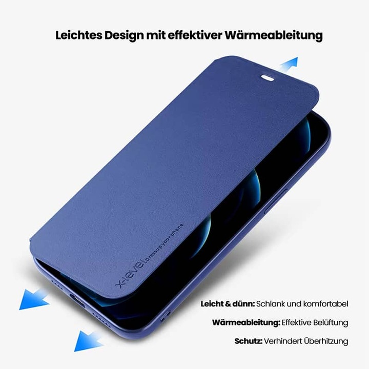 Produktbild X-Level iPhone 11 Pro Max - FIBColor Flip Etui, Kunstleder, 360° Rundumschutz, Dunkelblau (Apple iPhone 11 Pro Max)