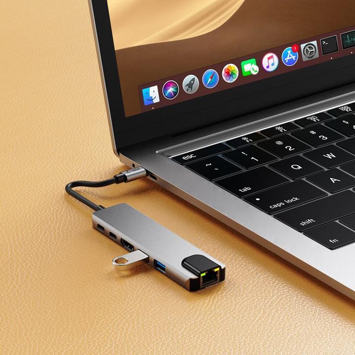 Produktbild Tech-Protect HB02 HUB Adapter 6in1 USB-C + USB2.0 + USB3.0 + HDMI 4K 30Hz + RJ45 + PD100W - gray (USB-C, 6 Ports)