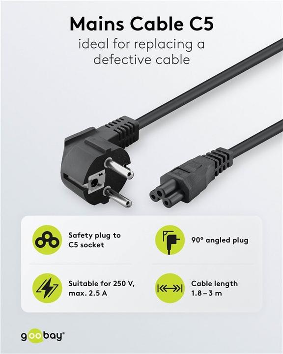 Produktbild Goobay Netzanschlusskabel Schutzkontakt abgewinkelt, 3 m, Schwarz (3 m)