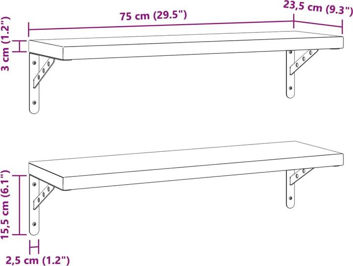 Produktbild vidaXL Wandregale 2 Stk. 75 x 23,5 cm Edel