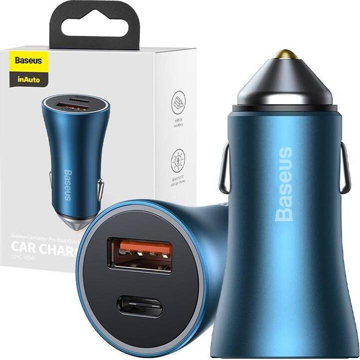 Actual product image Baseus Golden Contactor Pro car charger, USB + USB-C, QC4.0+, PD, SCP, 40W (blue)