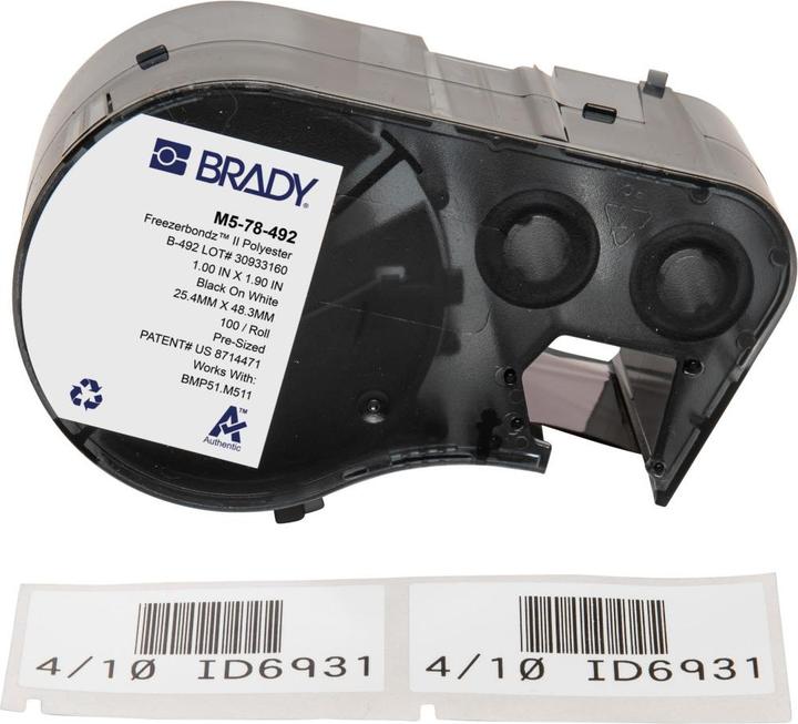 Actual product image Brady M5-78-492, FreezerBondz II(TM), polyester, black on white, 25.40 x 48.26 mm, permanent (10