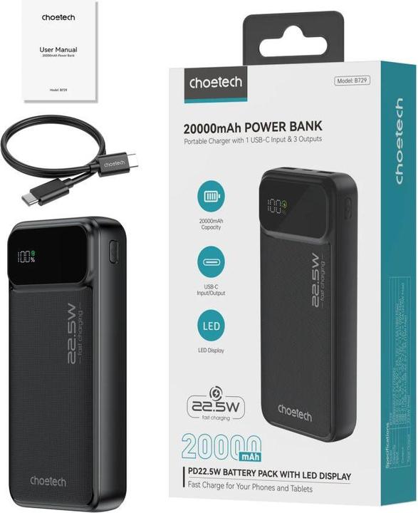 Produktbild Choetech Powerbank B729 20000mAh 22.5W PD USB-A / USB-C - black (20000 mAh, 22.50 W, 74 Wh)