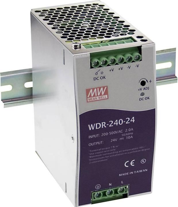 Productafbeelding MeanWell MEAN WELL WDR-240-24, 240 W, 180 - 550 V, 47 - 63 Hz, 18 ms, 91%, Überspannung