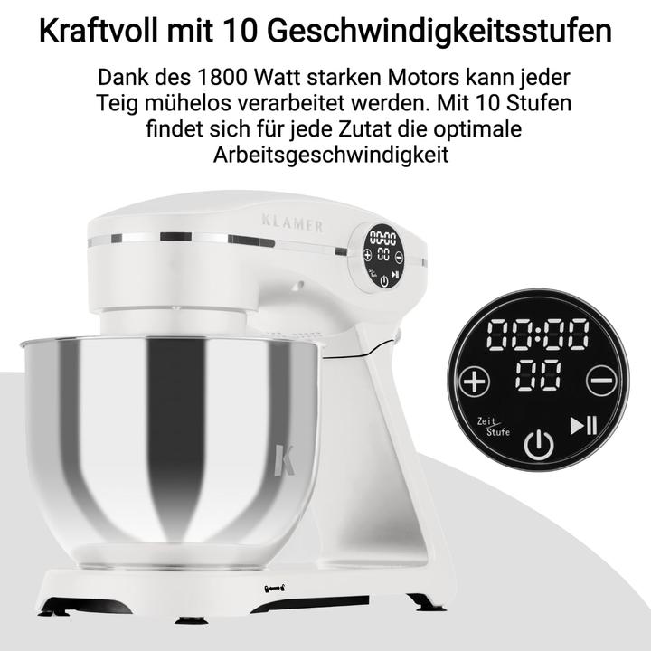 Produktbild KLAMER Küchenmaschine, Knetmaschine mit 6 Liter Edelstahl Schüssel (1800 W)