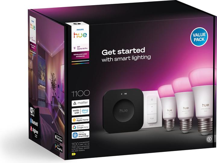 Produktbild Philips Starter Kit Bridge Pro + LED White & Color Ambiance (E27, 1100 lm, 5 x)