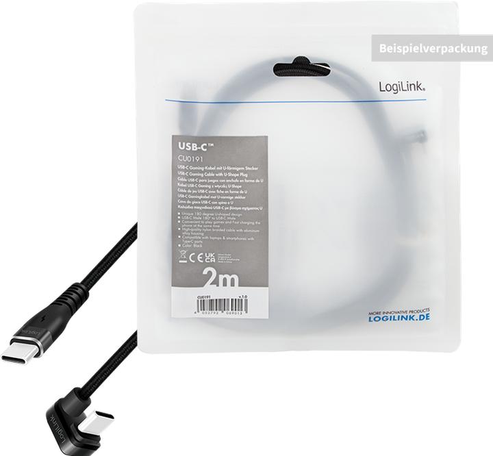 Actual product image LogiLink USB 2.0 Type-C cable, C/M 180° to USB-A/M, aluminium, black, 1 m (1 m, USB 2.0, 20 W)