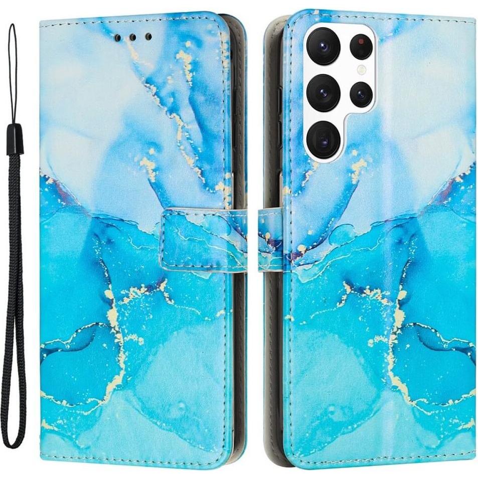Cover-Discount Galaxy S23 Ultra - Leder Hülle blue Marble (Samsung Galaxy S23 Ultra), Smartphone Hülle, Blau