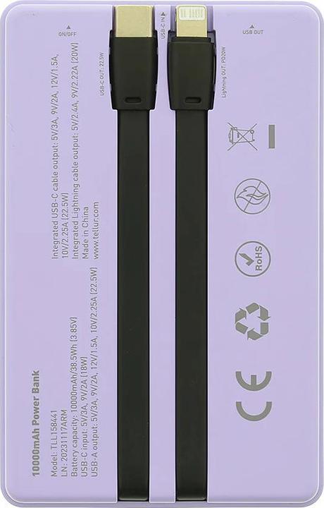 Actual product image Tellur Power Bank 10000mAh, USB-C + Lightning cables built-in purple (10000 mAh)