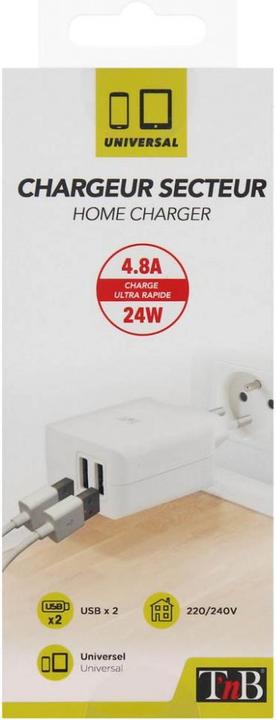 Produktbild T'nB TNB 4.8A Mains 2 USB Charger White (2 Ports)