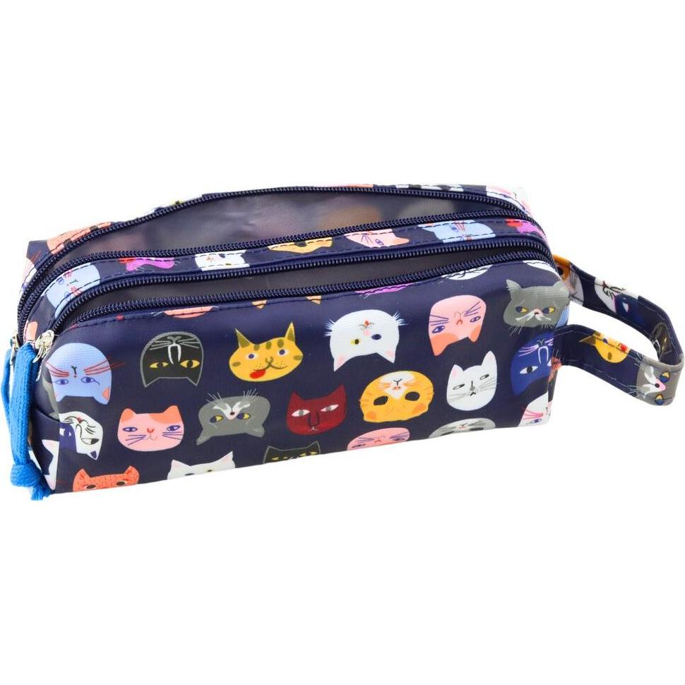 Lean Toys, Astuccio, Federmäppchen für die Schule, bunte Katzen, zwei Taschen, Marineblau, 22 cm