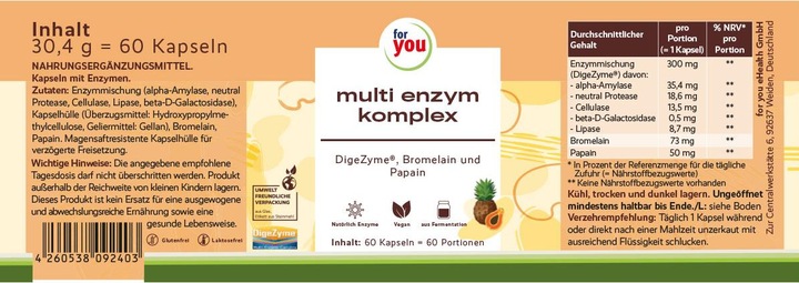 Nutritional values and ingredients For You multi enzyme complex (60 Piece, Capsules)