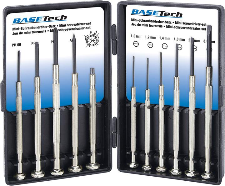 Immagine prodotto Basetech Set di cacciaviti per elettronica e meccanica di precisione 11 pezzi con intaglio e croce Phillips (Porta, Fessura croce Phillipps (PH))