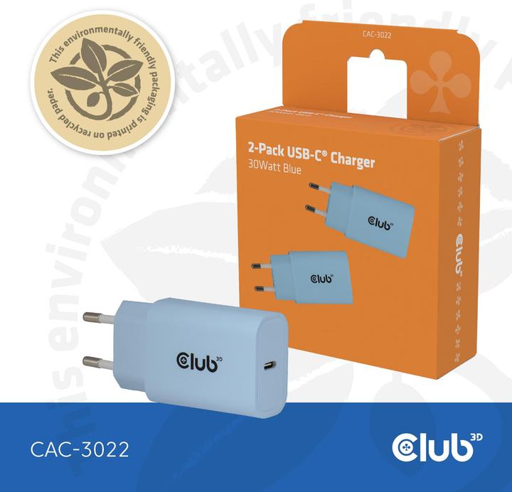 Produktbild Club 3D Club3D Lifestyle Ladegerät USB-C 30Watt, 2Stk blau retail (30 W)