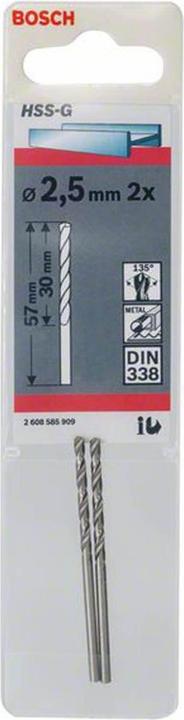 Produktbild Bosch Professional Zubehör Metallbohrer HSS-G, DIN 338, 2,5 x 30 x 57 mm, 2er-Pack (2.5 mm)
