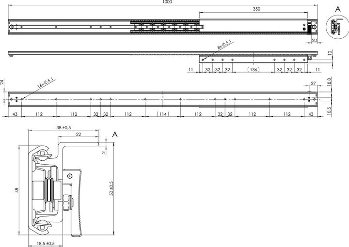 Produktbild Pöttker Ausziehtischführung TOPSLIDE, Auszugsweg 620 mm, Länge 1000 mm, Stahl/Aluminium
