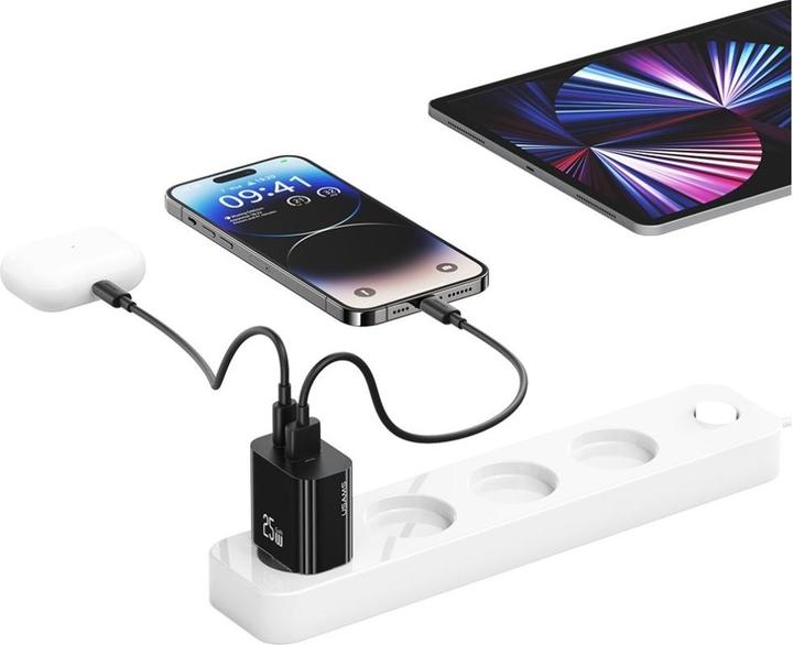 Actual product image Usams Wall Charger CC315 T65 25W 1xUSB-C 1xUSB-A Fast Charging black (25 W, 2 ports)