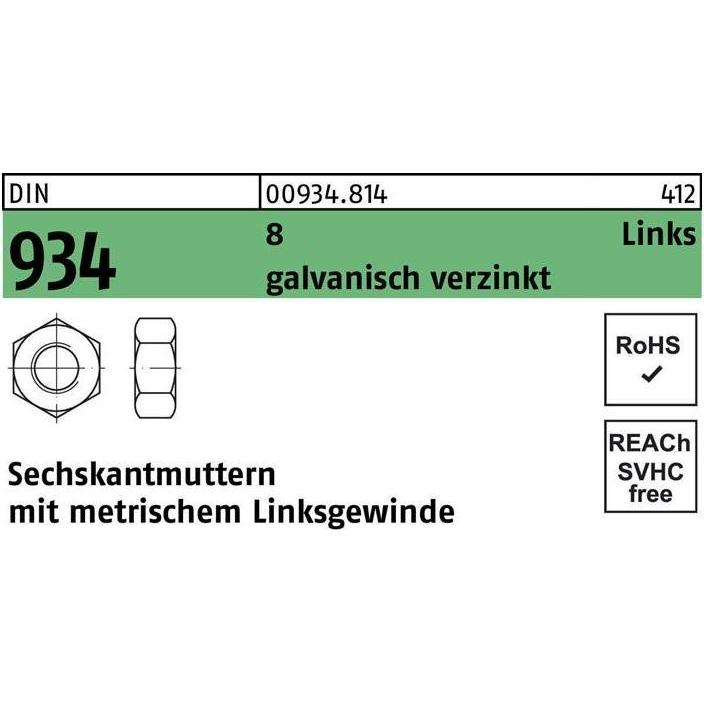 Muttern + Unterlegscheiben, Sechskantmutter DIN 934 links M 20 -LH 8 galvanisch verzinkt (M20)