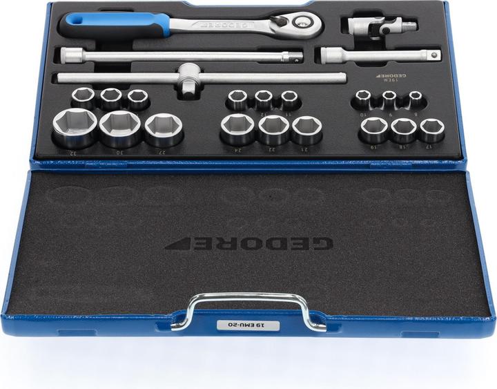 Actual product image Gedore 19 EMU-20 Socket spanner set 1/2", 23 pieces, hexagonal, 8-32 mm (32 mm, 18 mm, 11 mm, 12 mm, 20 mm, 19 mm, 27 mm, 15 mm, 25 mm, 13 mm, 21 mm, 14 mm, 29 mm, 8 mm, 10 mm, 30 mm, 23 mm, 26 mm, 22 mm, 17 mm, 28 mm, 9 mm, 16 mm, 24 mm, 31 mm)
