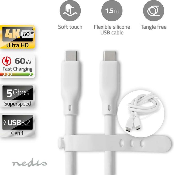 Actual product image Nedis USB cable | USB 3.2 Gen 1 | USB-C™ plug | USB-C™ plug | 60 W | 4K@60Hz | 5 Gbps | Vernic (1.50 m, USB 3.2 Gen 1)