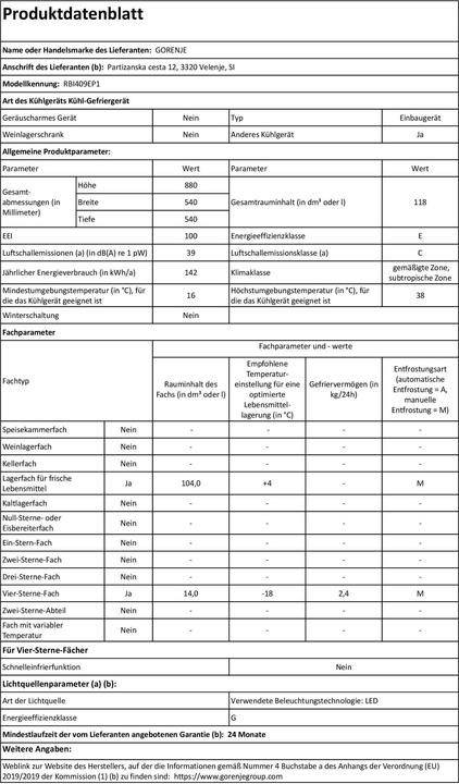 Nährwerte und Zutaten Gorenje EB-Kühlgerät (118 l)