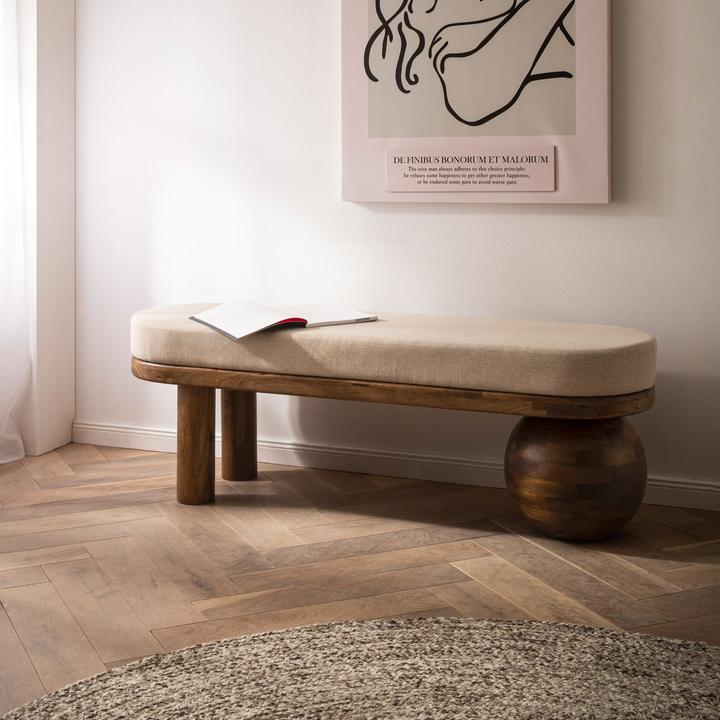 Produktbild FineBuy Sitzbank Flurbank Stoff Holz Massiv 140 cm Polsterbank Bank Beige Modern (140 cm)