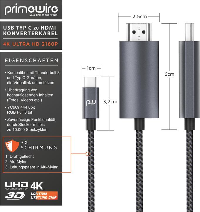 Produktbild Primewire HDMI – USB Typ C (3 m, USB Typ C, HDMI, 2.0)